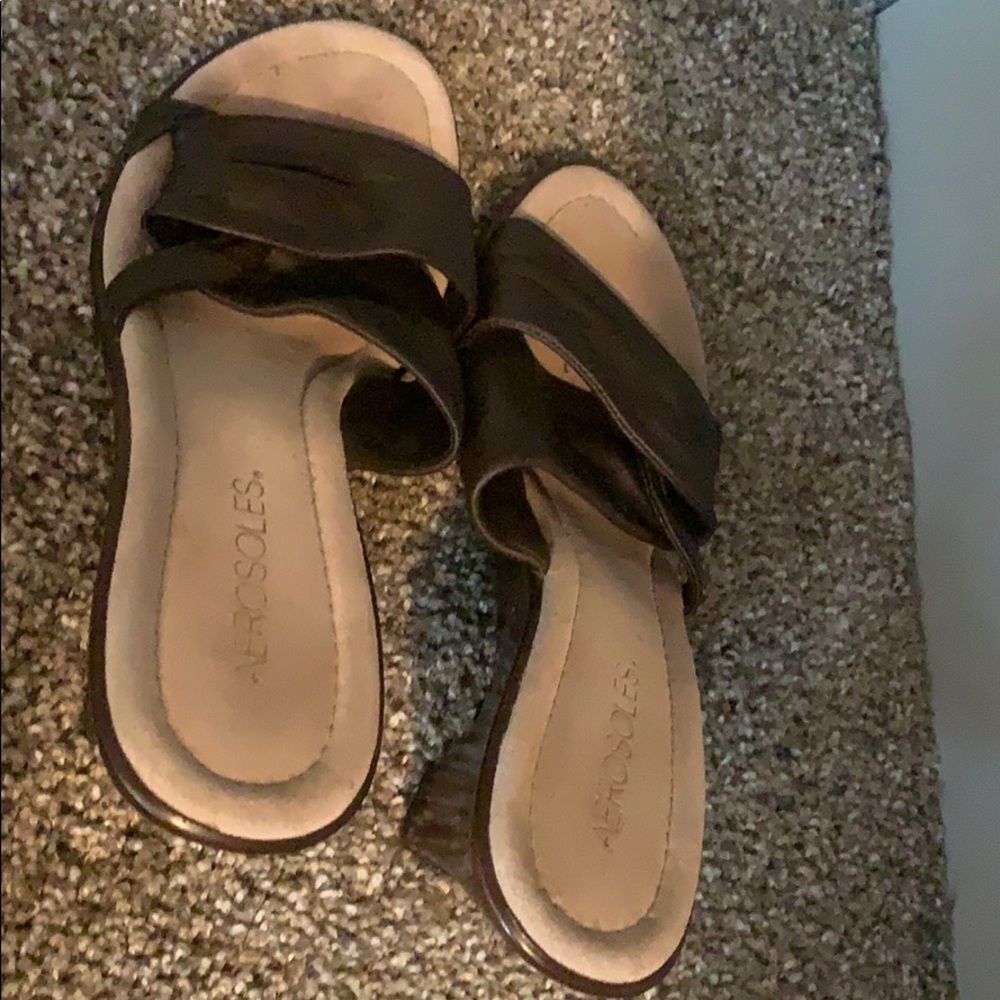 Brown Aerosole leather sandals with wooden heel - Picture 4 of 8